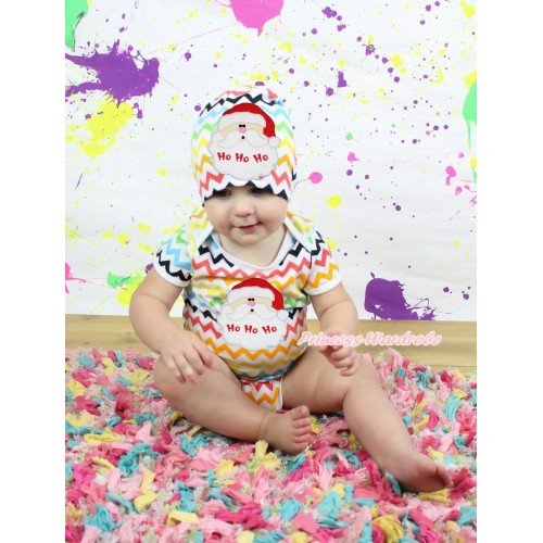 Xmas Rainbow Chevron Baby Jumpsuit & Santa Claus Print & Cap Set JP63